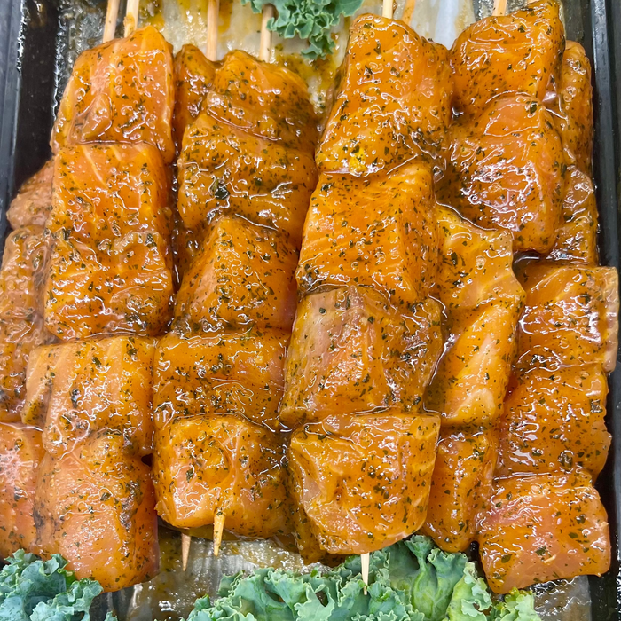 Wild Garlic Marinated Salmon Skewers